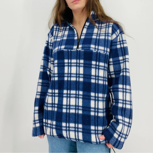 vintage granola girl blue plaid campfire pullover quarter zip fleece sweatshirt - Picture 5 of 7